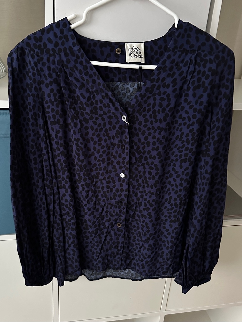 Attic And Barn Spot V-Neck Button Blouse